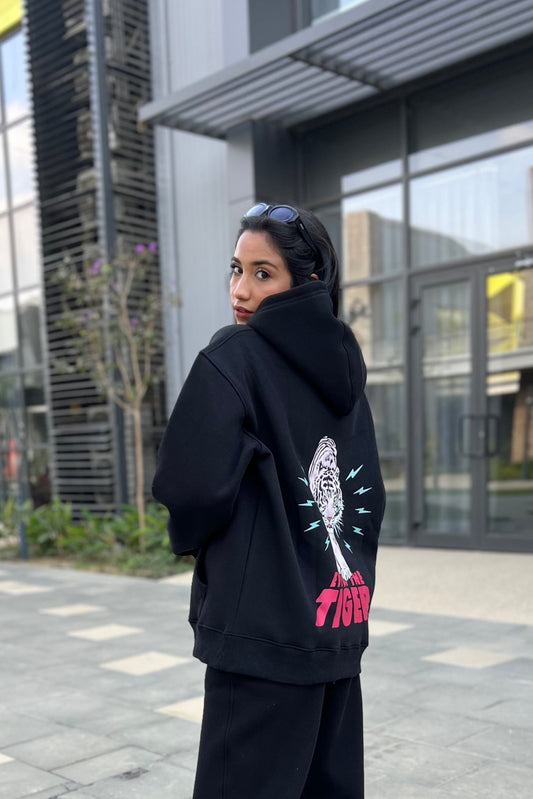 Printed Black Oversized Hoodie - Tiger