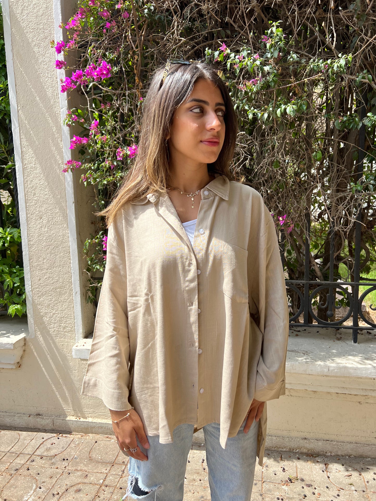 Wide Linen Shirt Beige